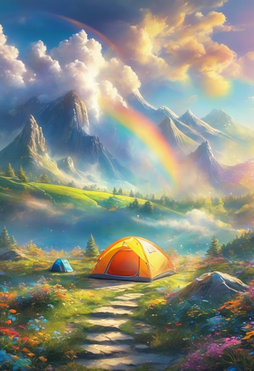 best quality, masterpiece, Camping outdoors in a furry dream world, It feels like being on a carpet of colorful clouds, smile sunshine, Rainbow, fantasy