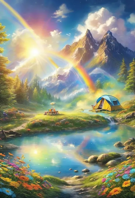 best quality, masterpiece, Camping outdoors in a furry dream world, It feels like being on a carpet of colorful clouds, smile su...