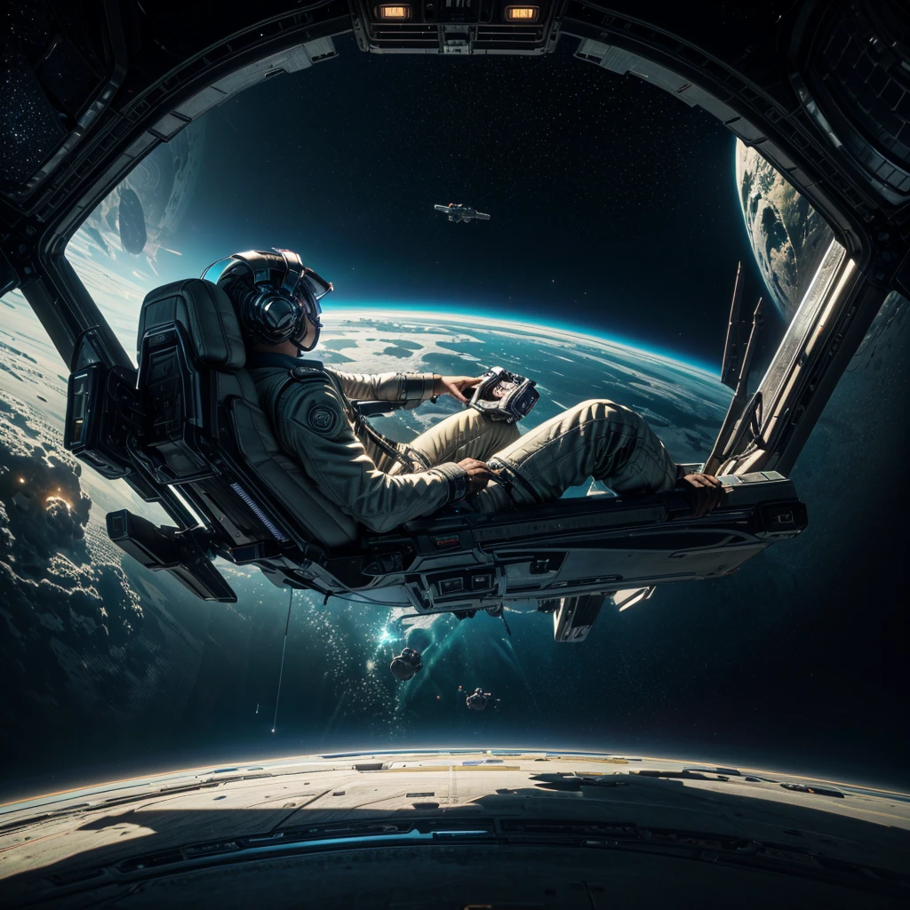 male pilot with navigation device in hand, in deep space, sitting in the spaceship chair and view in camera, back view, Masterpiece, best quality, (highly detailed CG unity 8k wallpaper), (best quality), (best illustration), (best shadows), isometric 3D , octane rendering, ray tracing, highly detailed, sci-fi