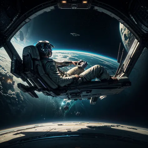 male pilot with navigation device in hand, in deep space, sitting in the spaceship chair and view in camera, back view, Masterpi...