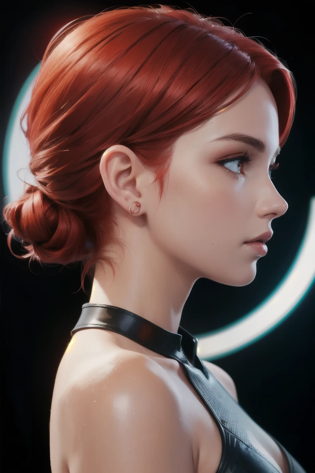 girl with low cut red hair, red eyes, futuristic vibes,  side profile view, earings, 8k, high quality, simple background, glowing eyes, nice pose