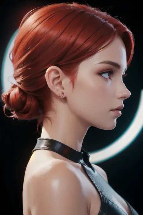 girl with low cut red hair, red eyes, futuristic vibes,  side profile view, earings, 8k, high quality, simple background, glowin...
