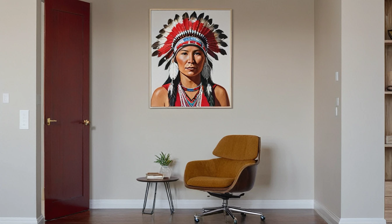 A modern home office setting with a realistic touch. In the left side of the image, a man wearing a red polo shirt is seated on a chair, facing the camera with his head slightly turned to the right. The chair is light-colored, only partially visible. On the right side of the image, there is a large, detailed painting of a Native American woman with traditional attire and accessories, hanging on a wall or door. The walls are white, creating a clean and minimalist look. The floor is light-colored, possibly beige or light gray. There is an open door leading to another room visible in the background. The lighting is natural and well-distributed, giving a cozy and professional ambiance.
