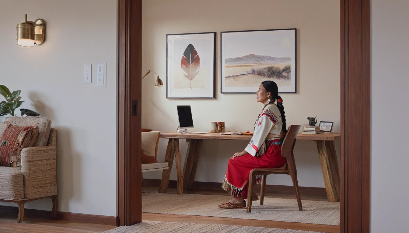 A modern home office setting with a realistic touch. In the left side of the image, a man wearing a red polo shirt is seated on a chair, facing the camera with his head slightly turned to the right. The chair is light-colored, only partially visible. On the right side of the image, there is a large, detailed painting of a Native American woman with traditional attire and accessories, hanging on a wall or door. The walls are white, creating a clean and minimalist look. The floor is light-colored, possibly beige or light gray. There is an open door leading to another room visible in the background. The lighting is natural and well-distributed, giving a cozy and professional ambiance.
