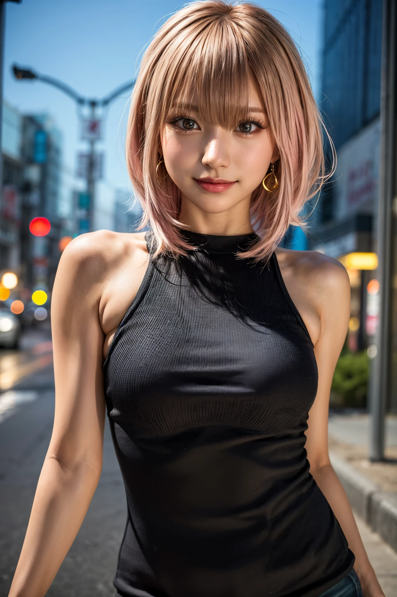 highest quality, Tabletop, 超A high resolution, (Realistic:1.4), (Japanese Idols),RAW Photos, One Girl, night,Detailed skin,Blurred streetscape of Korea,,blond HAIR, (PINK INNER HAIR:1.3),Glossy Lip,smile,(model posing:1.2),21 years old,Fine and beautiful eyes,Diamond Jewelry,Earrings,Gold Jewelry,Cold Light,Tight black knitwear,,(Strengthened upper arms:1.2),A well-trained body,Pixie Hair