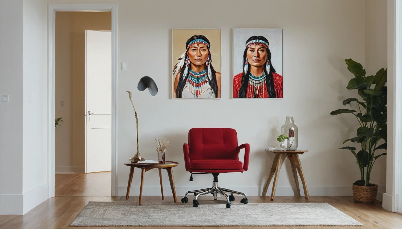 A modern home office setting with a realistic touch. The scene includes a man seated on the left side of the image, wearing a red polo shirt, with his body facing the camera and his head slightly turned to the right. He appears to be looking directly at the camera. He is sitting on a light-colored chair, which is only partially visible. On the right side of the image, there is a large, detailed painting of a Native American woman with traditional attire and accessories, hanging on a wall or door. The walls are white, creating a clean and minimalist look. The floor is light-colored, possibly beige or light gray. There is an open door leading to another room visible in the background. The lighting is natural and well-distributed, giving a cozy and professional ambiance.
