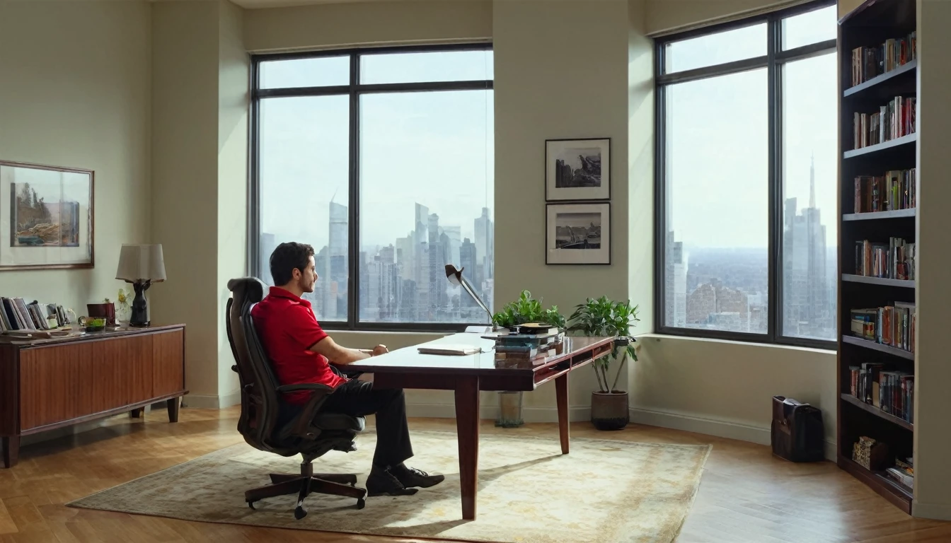 A modern home office with a touch of realism. The scene features a man sitting on the left side of the image, dressed in a red polo shirt, his body facing the camera and his head turned slightly to the right. He appears to be looking directly at the camera. He is seated on a light-colored chair, which is only partially visible. In the background, a large window overlooking a cityscape provides natural light. To the left is an elegant wooden door with a glass panel. The right-hand side of the room is occupied by an elegant bookcase on which are arranged a few decorative objects and books. The wooden floor matches the door. In the center of the room, a person sits at a desk, facing the camera, in a comfortable office chair. The person is positioned naturally in the scene, creating a realistic working environment. The lighting is warm and evenly distributed, creating a comfortable, professional atmosphere.