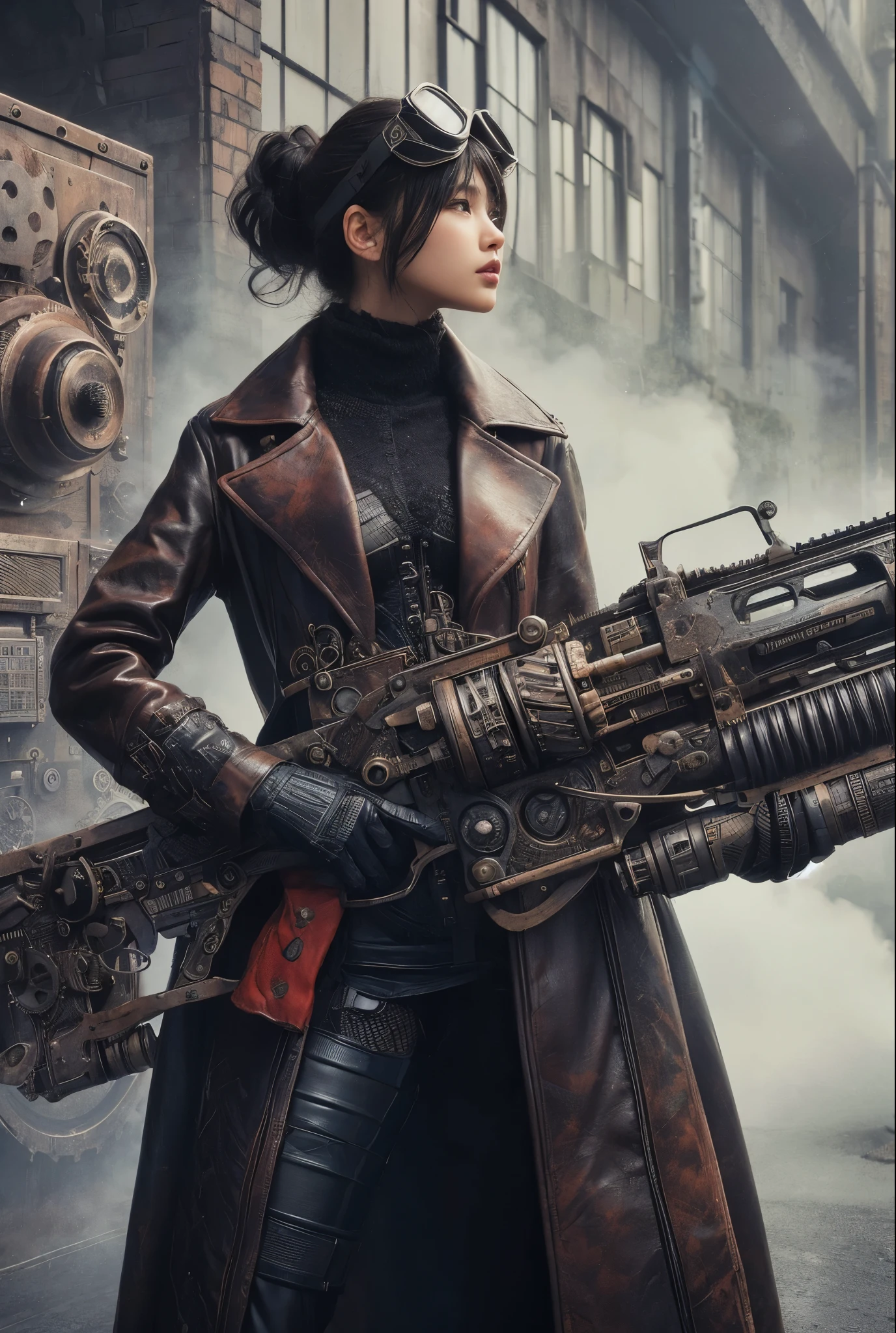 ８ｋ,Realistic Skin Texture、Superrealism、Realistic Photo、Japanese women、steampunk、Leather coat、Standing with a heavily modified oversized rifle、Light cloudiness、Dirty city、Steam rising from buildings here and there、Goggles above your head、Stand facing forward in front of a wall with intricate patterns and gears、