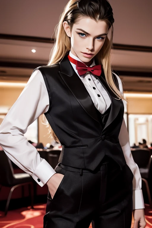 masterpiece, highest quality, Very detailed, 16k,  Ultra-high resolution, Cowboy Shot, Detailed face, Perfect Fingers, 20-year-old woman, a beautiful woman dressed as a man, Slender, blue eyes, Slanted Eyes, blonde, (Black tuxedo:1.3), (Red bow tie:1.3), (Black trousers:1.3), suit thug, casino, She works as a casino dealer, Spin Roulette