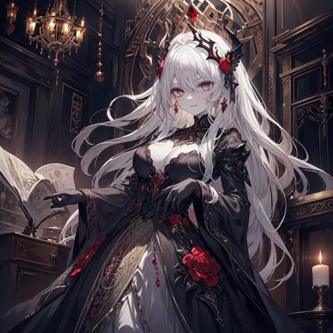 (highest quality:1.2), Incredibly detailed eyes, Blood-red lips, long flowing hair, Pale skin, Gothic Costume, Graceful posture,...
