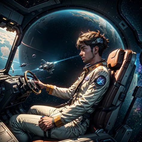 side view of male pilot looking at viewer, holding holographic navigation device, sitting in chair in cockpit of spacecraft in d...