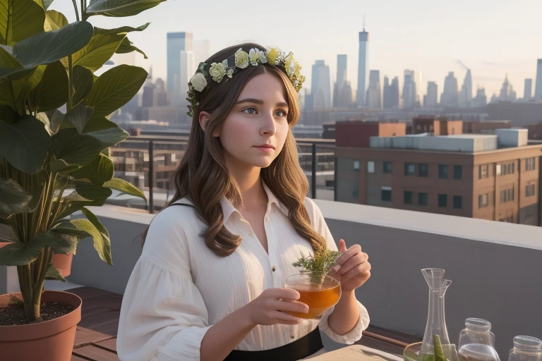 The alchemy of American rooftop plants in the 2020s (Location: Brooklyn):
character: A young woman in her twenties wearing a flower crown, practicing botanical alchemy on a Brooklyn rooftop during the 2020s. Illuminate Wes Anderson&#39;s magical experiments with a modern, Zen-like color palette, Transform your rooftop into a whimsical plant lab.