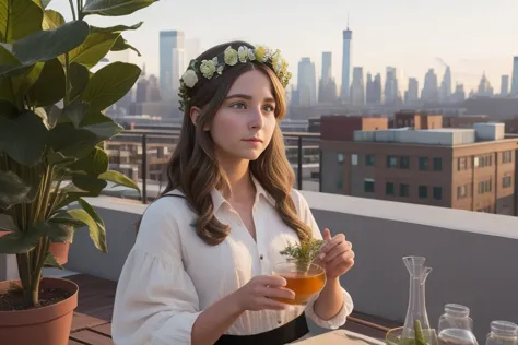 the alchemy of american rooftop plants in the 2020s (location: brooklyn):
character: a young woman in her twenties wearing a flo...