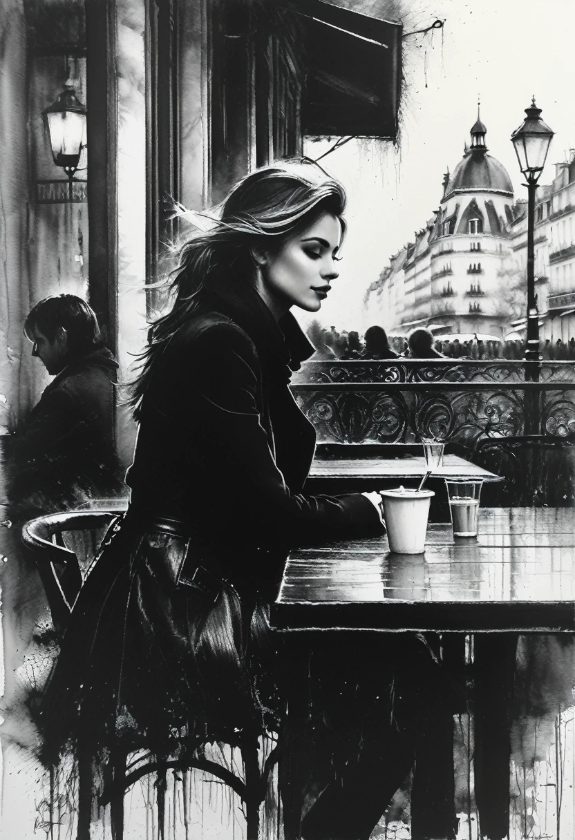 목탄 그림, 크레용, black 연필 그림, 연필 그림, 흑백 그리기, 흑연 도면, 포스터, 확대, 전체 길이, 파리의 거리 카페에 앉아 있는 놀랍도록 아름다운 젊은 여성, 윌렘 헨리에츠(Willem Henraets)의 초상화, 수채화, Wet-On-Wet 및 스플래터 기술, 센터, 완벽한 구성, 추출, surrealism 목탄 그림, Russ Mills와 같은 예술가의 스타일로 그림 그리기, 사키미찬, 실패, 레쉬, 아트거름, 다렉 자브로키와 장 밥티스트 몽주,