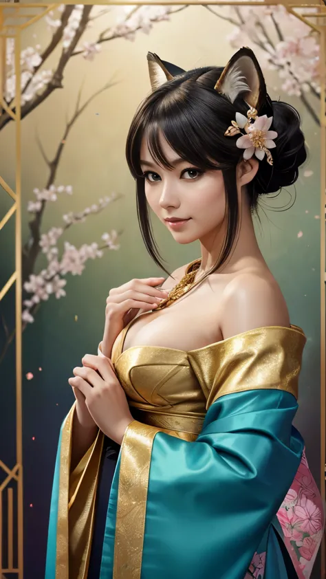 She is a kimono model、Gorgeous floral patterned kimono、Silver hair braids、blue eyes、Green kimono、Off the shoulder、Facing forward...