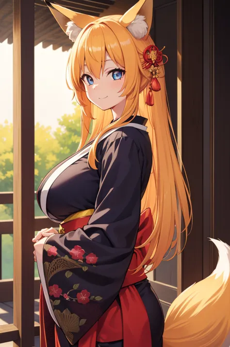 animal ear fluff, animal ears, fox ears, fox girl, fox tail, golden hair, tail, kimono, huge breasts pushing up the kimono,a smi...