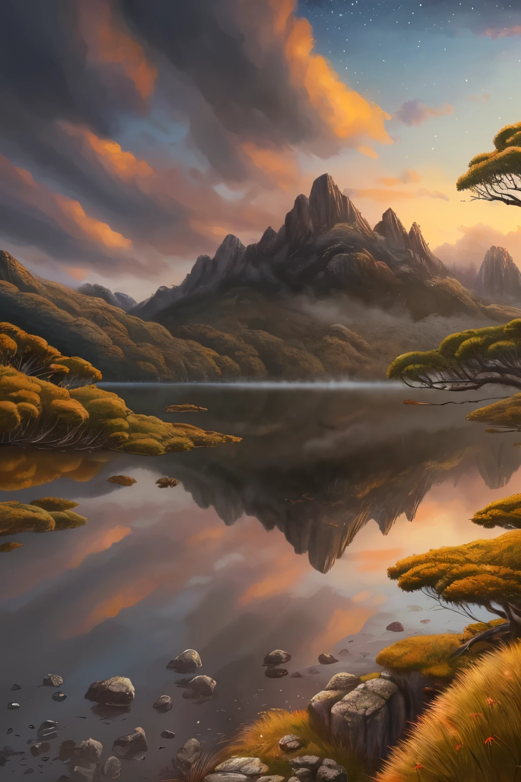 A highly detailed anime illustration, Tasmania Cradle Mountain 
landscape,
vintage, dreamy,  drawing, trending on artstation, UHD, (((by Aaron Limonick))):1.8, atmosphere, luminosity