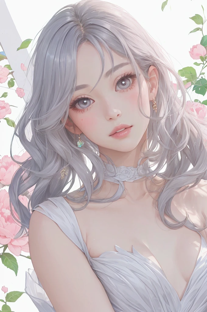 Best Creator，1 beautiful girl、Big round eyes、１By people、Realistic、lips、Tabletop、highest quality、Excellent anatomy、Skin Texture、Large Peony Background、Small breasts、Rich Princess Dress、Glitter、Gray Hair、Wavy Hair、Beautiful memories、Pink Tone、Warm Light