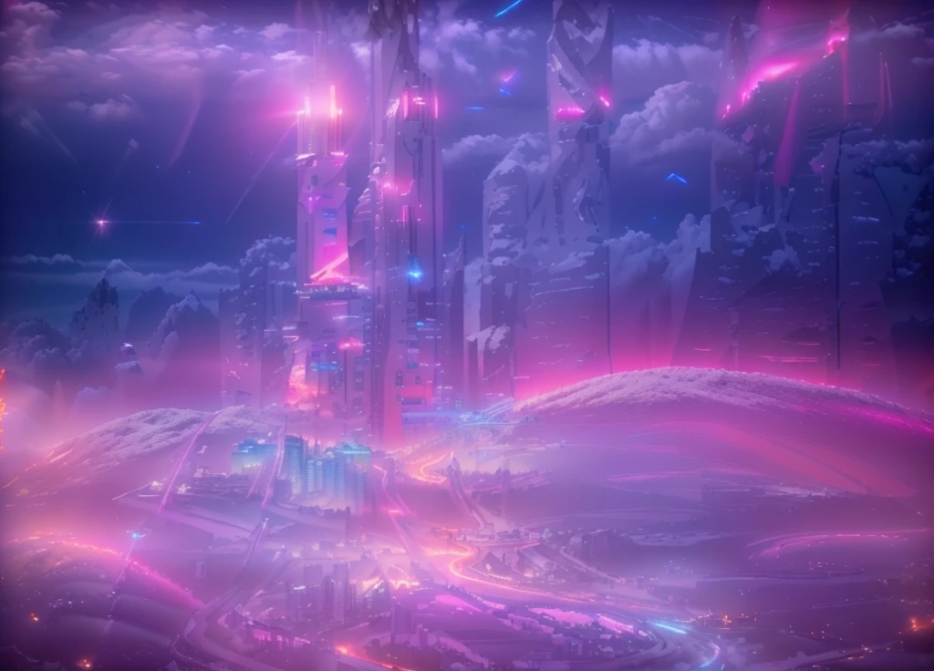 Masterpiece, 12k, uhd, photorealistic, a ultra beautiful suggestive landscape, with snow hills, snow land, futuristic metropolis in background, with skycrapers, night sky with stars, pink boreal aurora in the sky, light neon effects, cyberpunk dreaming atmosphere, (3D rendering buildings), seems real, blue and pink sky and snow colors