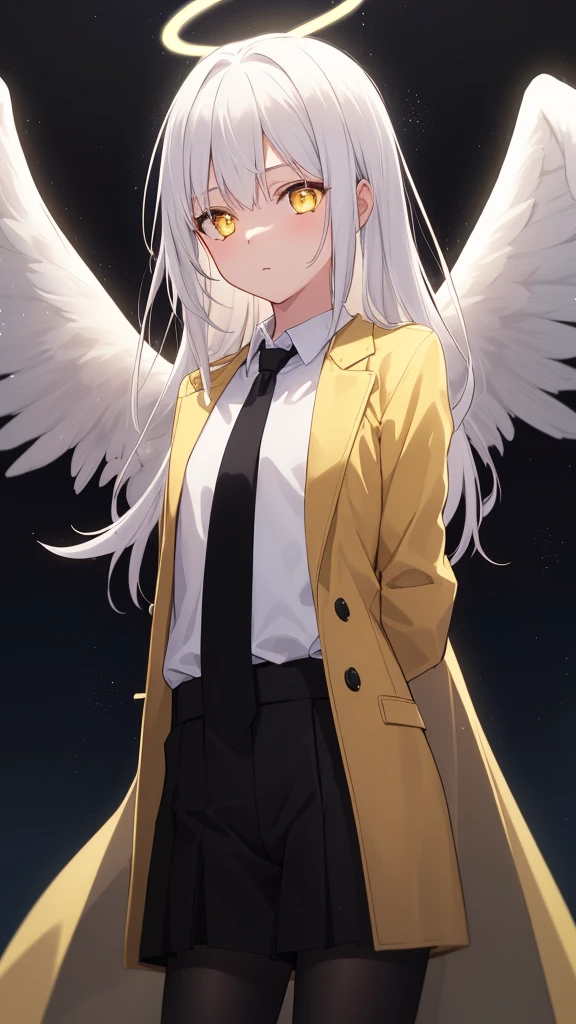 (masterpiece, best quality:1.3), (ultra-detailed:1.3), 1girl, solo, (white hair, messy hair, long hair), (angel wings, angel halo), flat chest, yellow eyes, (white shirt, black necktie, black coat, open coat), cowboy shot, cinematic lighting, (((glowing light particles))), (arms behind back), dynamic angle,