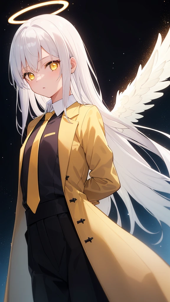 (masterpiece, best quality:1.3), (ultra-detailed:1.3), 1girl, solo, (white hair, messy hair, long hair), (angel wings, angel halo), flat chest, yellow eyes, (white shirt, black necktie, black coat, open coat), cowboy shot, cinematic lighting, (((glowing light particles))), (arms behind back), dynamic angle,