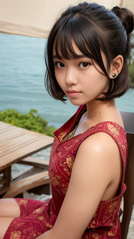 
a young burmese girl with straight, dark hair cut into a bob with bangs. She should have a neat, topknot bun on the top of her head, with small sections of hair styled into floral buns positioned just behind her ears, not covering them. Her face is adorned with traditional thanaka paste in circular patterns on her cheeks, big expressive eyes, a smooth complexion and a slight smile. wearing a reddish batik patterned casual Myanmar dress,  outdoor setting, natural lightning.