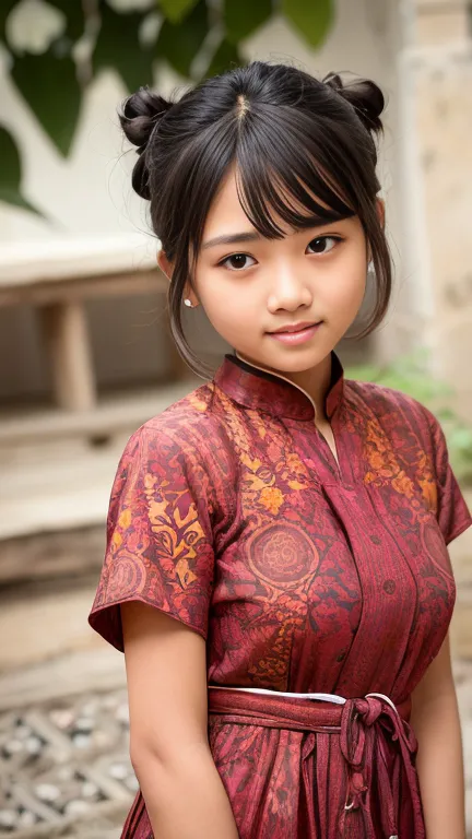 
a young burmese girl with straight, dark hair cut into a bob with bangs. She should have a neat, topknot bun on the top of her ...