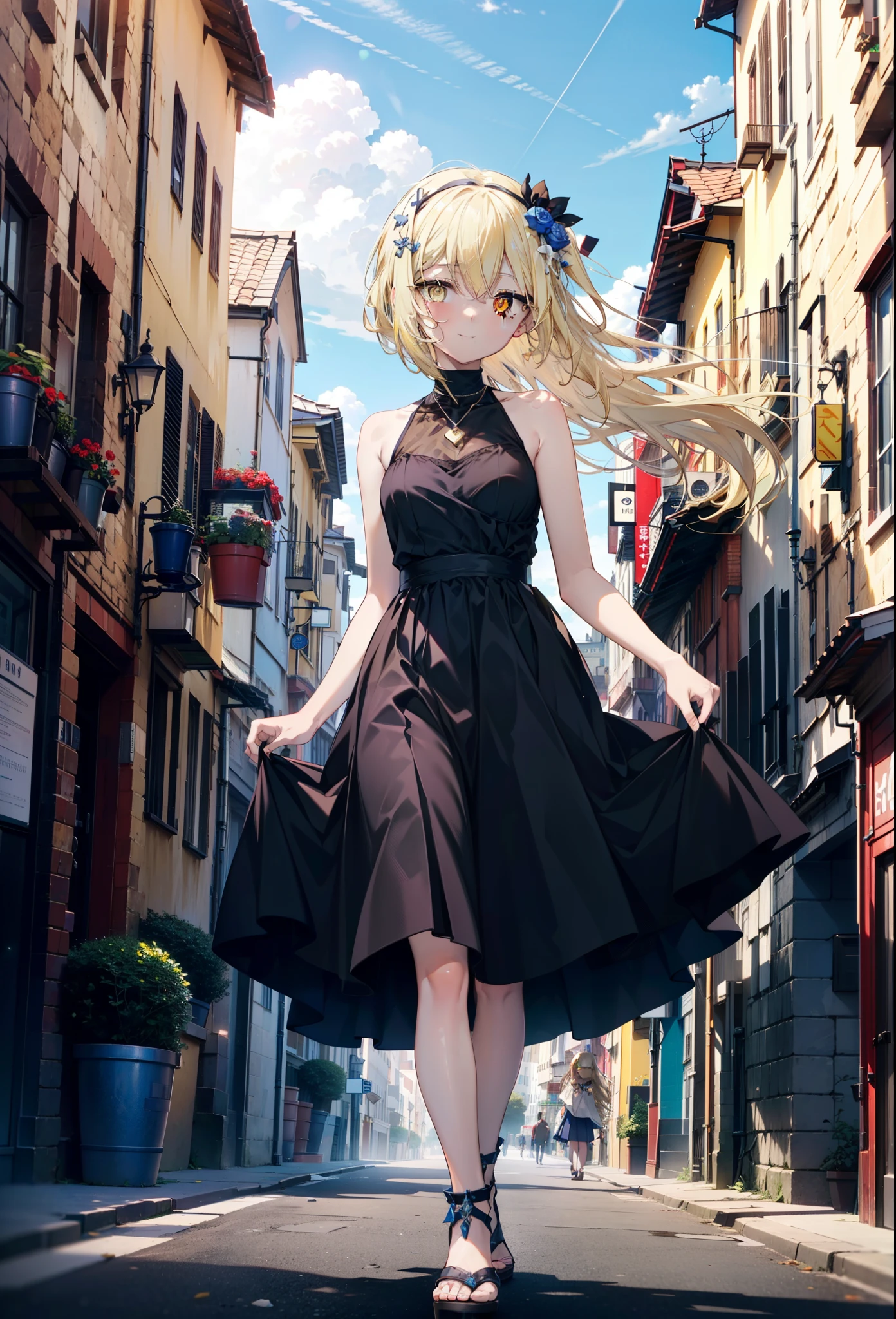 アイスWallenstein, Wallenstein, blonde, Hair between the eyes, hair band, Long Hair, (Yellow Eyes:1.5),happy smile, smile, Shut your mouth.,smile,blush,Blue sleeveless dress,Bare arms,Bare neck,Heart Pendant,Long skirt,Cute Sandals,sunny,walking,whole bodyがイラストに入るように,break looking at viewer,whole body,break outdoors,construction area,city, break (masterpiece:1.2), highest quality, High resolution, unity 8k wallpaper, (shape:0.8), (Beautiful and beautiful eyes:1.6), Highly detailed face, Perfect lighting, Extremely detailed CG, (Perfect hands, Perfect Anatomy),