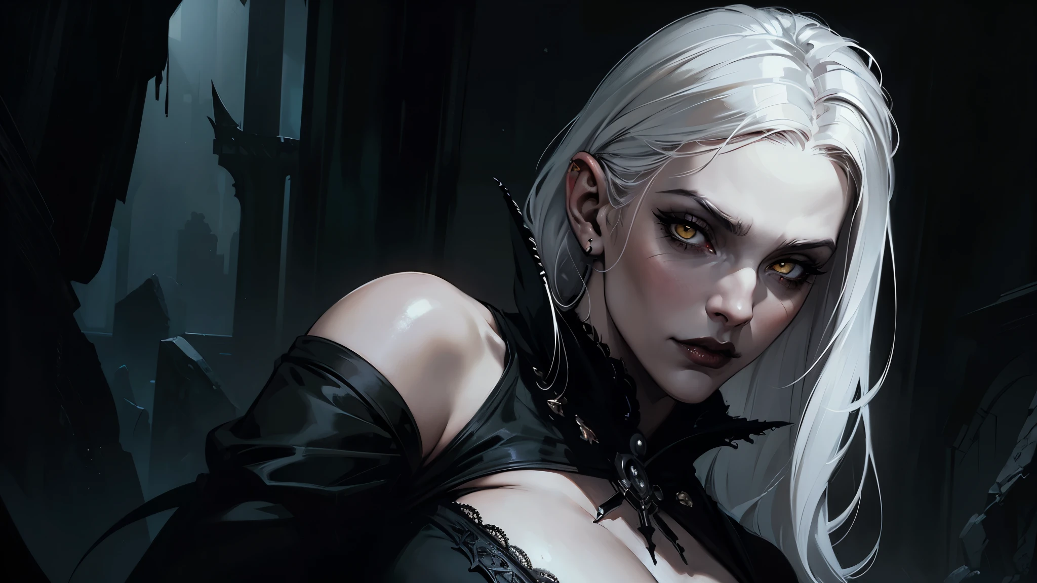 Woman with white hair and yellow eyes in black bra, very big breasts, Vampire Girl, Dark, But detailed digital art, dark fantasy style art, Portrait of a vampire, androgynous vampire, Dark art style, style of charlie bowater, gothic horror vibes, tom bagshaw artstyle, gothic art style, dark fantasy portrait, neoartcore and charlie bowater
