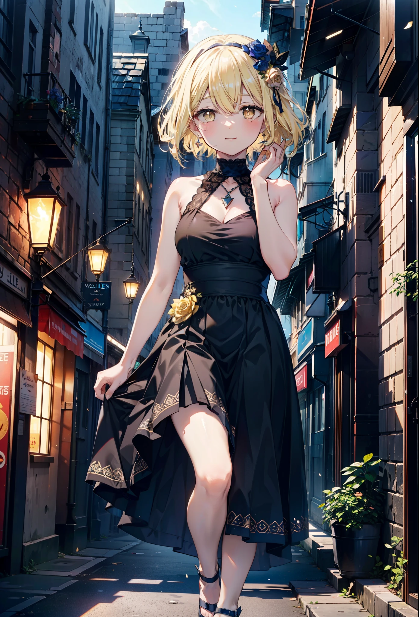 アイスWallenstein, Wallenstein, blonde, Hair between the eyes, hair band, Long Hair, (Yellow Eyes:1.5),happy smile, smile, Shut your mouth.,smile,blush,Blue sleeveless dress,Bare arms,Bare neck,Heart Pendant,Long skirt,Cute Sandals,sunny,walking,whole bodyがイラストに入るように,break looking at viewer,whole body,break outdoors,construction area,city, break (masterpiece:1.2), highest quality, High resolution, unity 8k wallpaper, (shape:0.8), (Beautiful and beautiful eyes:1.6), Highly detailed face, Perfect lighting, Extremely detailed CG, (Perfect hands, Perfect Anatomy),