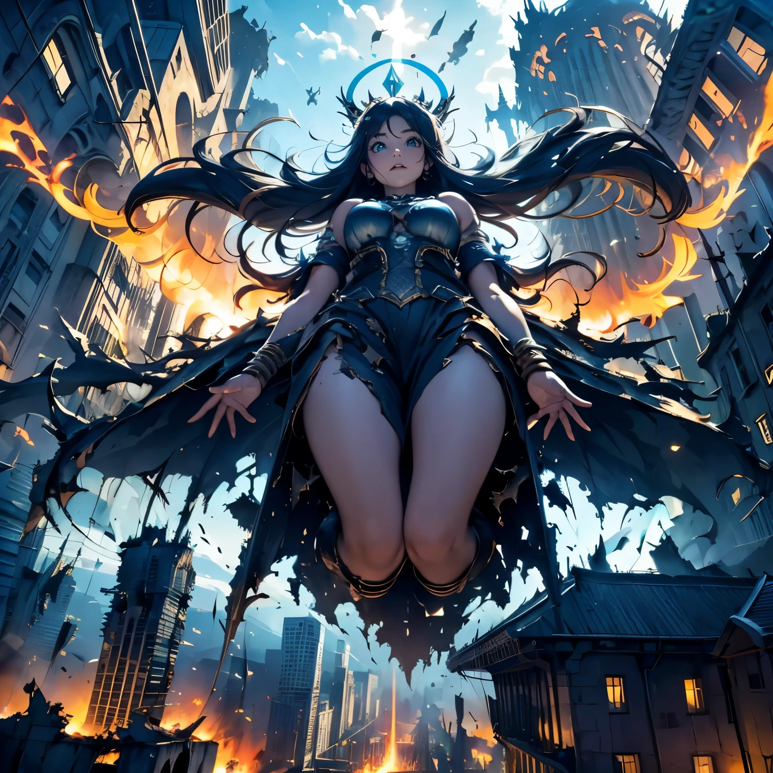 разрушенный город, (Огромная богиня высотой 100 метров, плавающая, излучает свет со всего тела, потерянные ученики, Страшный суд, голубое пламя), Оружие, угол обзора снизу,