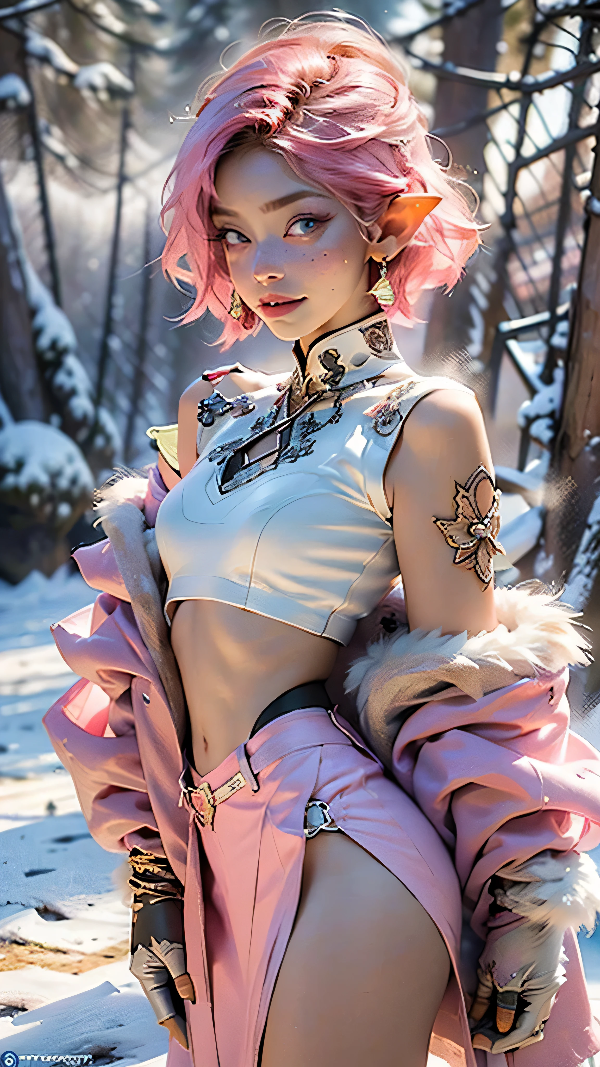 cute  elf,(((little ,tiny little body,little))),(((16 years old))),((anime elf  with extremely cute and beautiful fuchsia hair)), (((elf))), (((elf ears))),

(((flat chest))),((((fuchsia hair:1.35,short fuchsia hair,colored inner hair,ear breathing)))),(((pink_eyes:1.3))),intricate eyes,beautiful detailed eyes,symmetrical eyes,big eyes:1.5,(((freckles on the face,freckles,freckled girl))),(((lustrous skin:1.5,bright skin: 1.5,skin tanned,shiny skin,very shiny skin,shiny body,plastic glitter skin,exaggerated shiny skin,illuminated skin))),(detailed body,(detailed face)),

cute,slutty,erotic,daring,((nsfw)), (perfect back view)

zettai ryouiki,revealing clothing,show skin,(((Sexy pink fur coat, pink fur coat outfit, wearing a pink fur coat:1.3,pink winter coat))),((pink mini-skirt,pink mini skirt with furry edge,visible thong straps)),((underpants strap)),(white gloves,pink clothes,semi-naked,with little pink clothing,(((furry edge clothing)))),(((intricate outfit,intricate clothes,embroidered outfit,ornate outfit,embroidered clothes,ornate clothes))),

(dynamic pose:1.0),embarrassed,(centered,scale to fit dimensions,Rule of thirds),

((snowy pine forest)),winter,scenery:1.25,((intricate scenery)),((snow forest background)),

(Glossy winter ornaments),highres,sharp focus,(ultra detailed,extremely detailed),(photorealistic artwork:1.37),(extremely detailed CG unity 8k wallpaper),(((vibrant colors,vibrant theme))),(intricate),(masterpiece),(best quality),artistic photography,(photography taken by sldr),(intricate background),perfect rendered face,perfect face details,realistic face,photo realistic,analog style,((intricate detail)),(((realism))),
