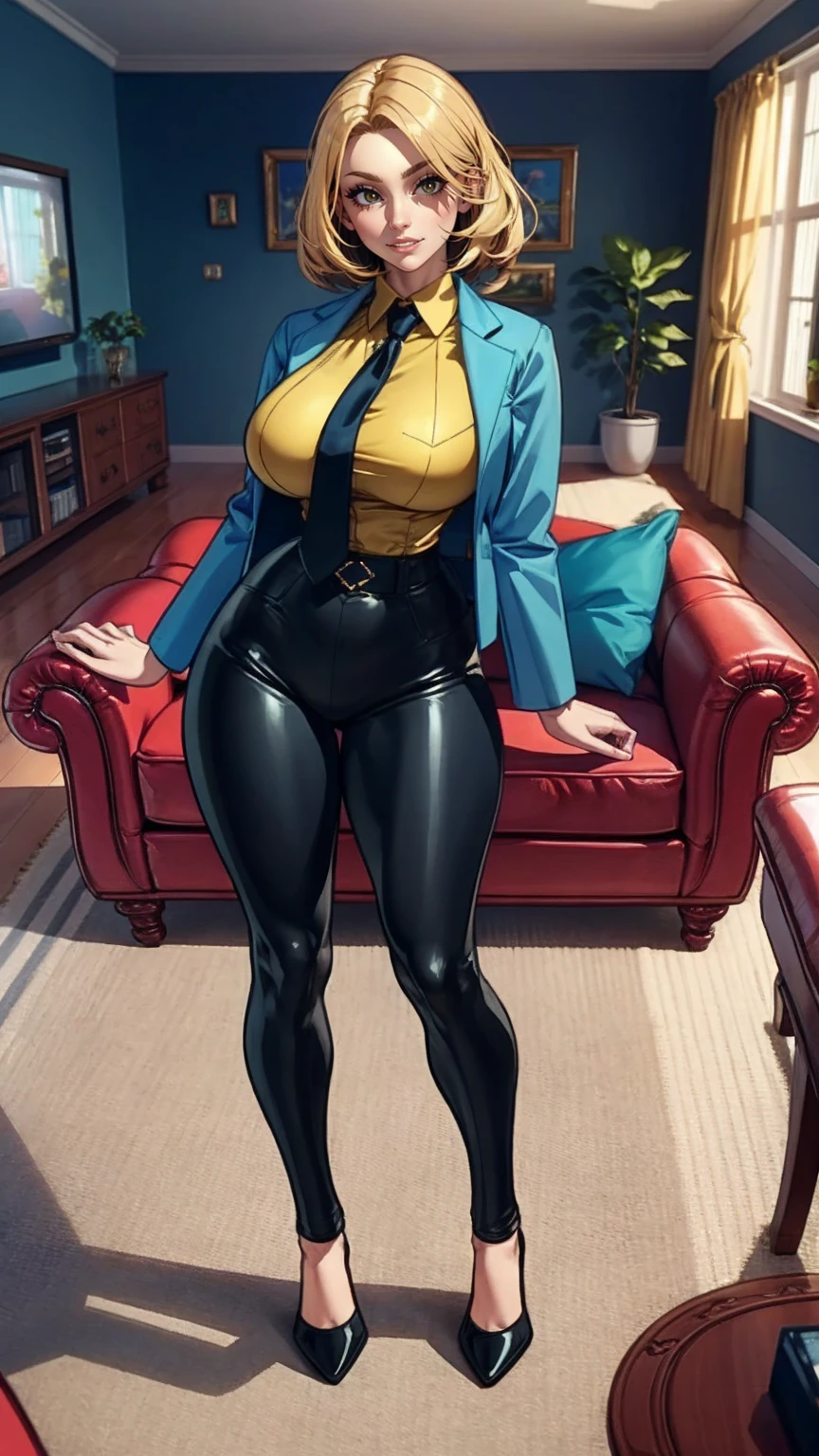 1girl, (solo:1.2), curvy, (masterpiece:1.2), (best quality:1.2), (perfect anatomy:1.4), (perfect female anatomy:1.2), (confident:1.2),
xxnikichenxx, pinup, shiny skin, (large breasts:1.2), power \(csm\), sharp teeth, symbol-shaped pupils, cross-shaped pupils, blonde hair, yellow eyes, blue jacket, collared shirt, black necktie, black pants, (living room scenery:1.4), inside, (comfy sofa:1.3)