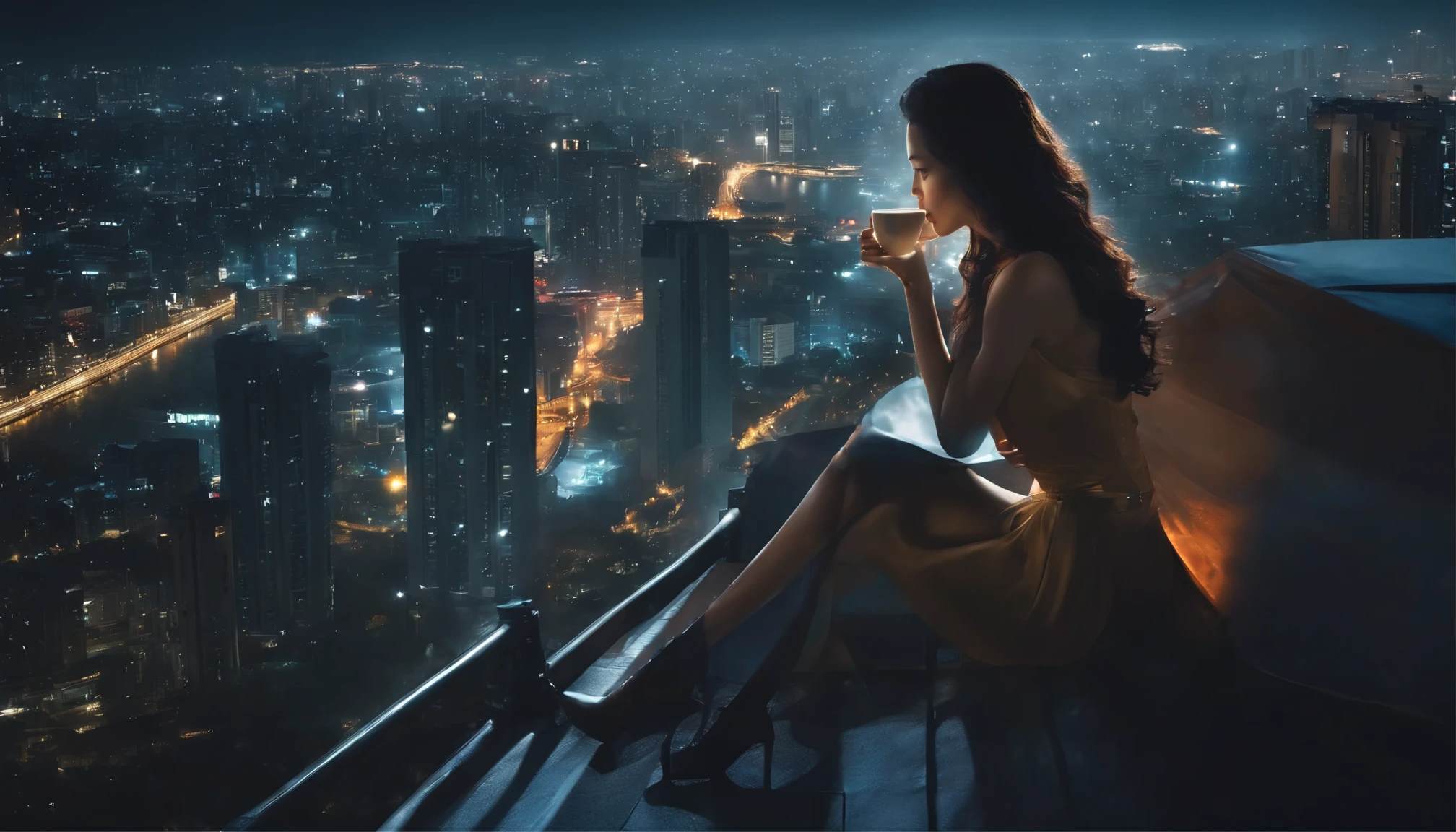 Nuit après la pluie。Vue nocturne spectaculaire de la grande ville。Depuis le toit d&#39;un immeuble de grande hauteur、Une belle femme regardant au loin avec une tasse de café。Le look de super-héros futuriste。Le look。