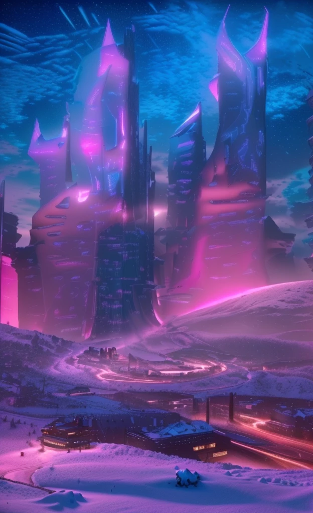 Meisterwerk, 12k, uhd, fotorealistisch, eine äußerst schöne suggestive Landschaft, mit Schneehügeln, Schneeland, futuristische Metropole im Hintergrund, mit Wolkenkratzern, Nachthimmel mit Sternen, rosa boreale Aurora am Himmel, Licht Neon Effekte, cyberpunk dreaming atmosphere, (3D-Rendering von Gebäuden), scheint echt, blaue und rosa Himmels- und Schneefarben