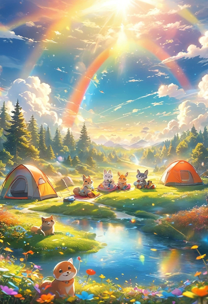 最高品質, 傑作, 毛皮の夢の世界で野外キャンプ, まるで色とりどりの雲の絨毯の上にいるような気分, 笑顔の太陽, 虹, ファンタジー
