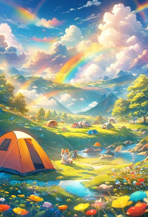 best quality, masterpiece, camping outdoors in a furry dream world, it feels like being on a carpet of colorful clouds, smile su...