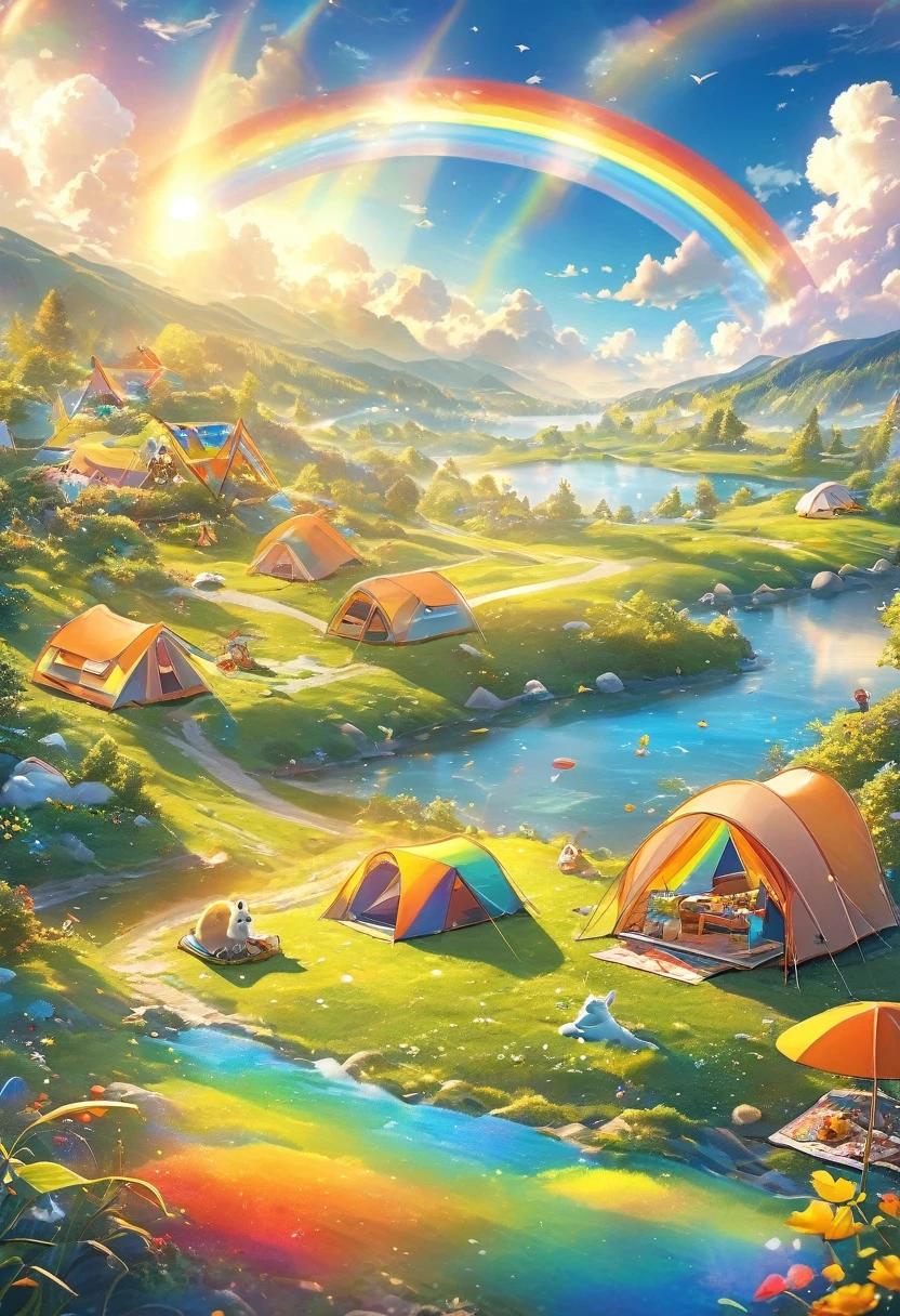 best quality, masterpiece, Camping outdoors in a furry dream world, It feels like being on a carpet of colorful clouds, smile sunshine, Rainbow, fantasy