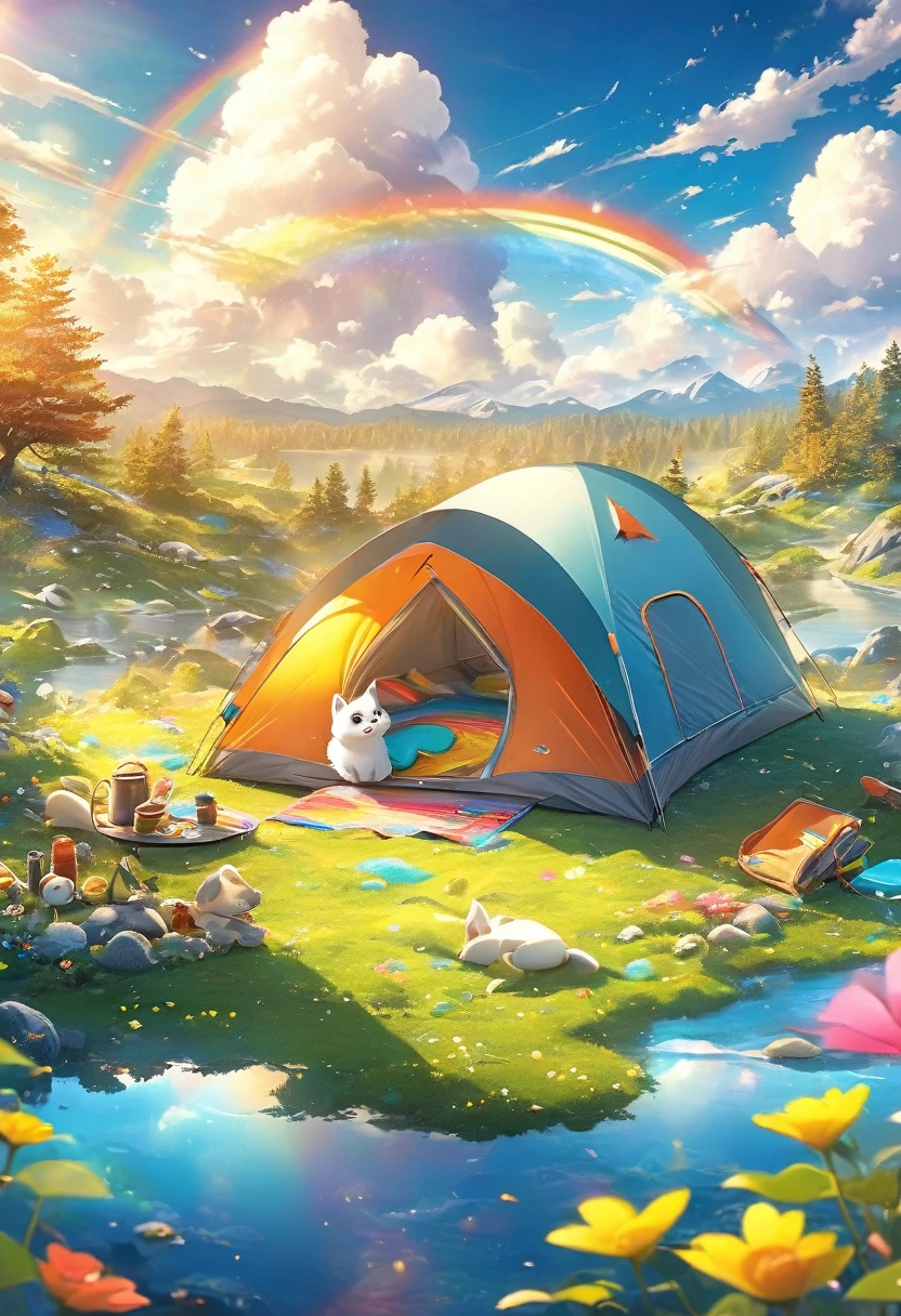 best quality, masterpiece, Camping outdoors in a furry dream world, It feels like being on a carpet of colorful clouds, smile sunshine, Rainbow, fantasy