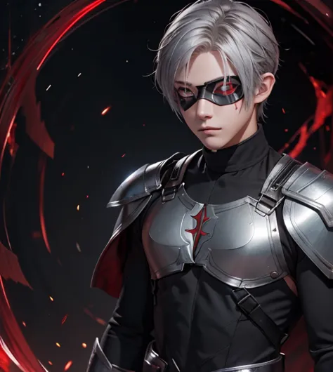 waistband, red eyes, eyepatch, silver hair, silver hair (masterpiece), (top quality), detailed face, one boy, beautiful face, al...
