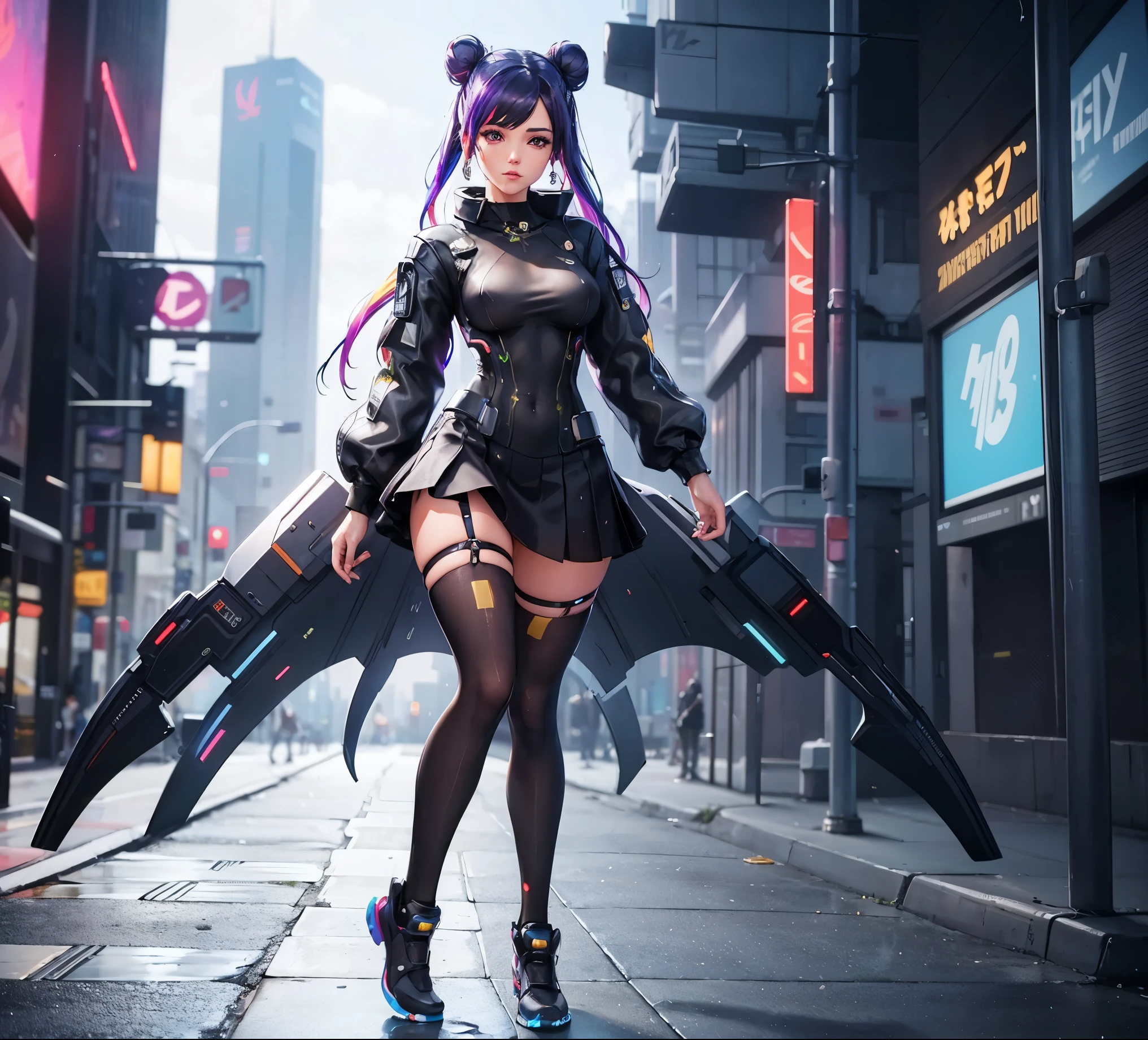 cute face, digital portrait, full body, perfect body, multicolored hair, bun, sexy skirt costume, provocative, 8k, maximum wet detail, cyberpunk, full body, hyperreality