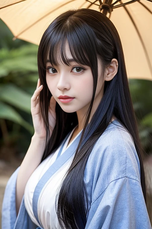 Korean women、model、Long black hair、With bangs、Big Breasts、valley、Waistline、Double eyelids、Big round eyes、Cute eyes、Droopy eyes、Cute Woman、natural、Looking up、Long eyelashes、Kasumi Arimura、20-year-old、photo realistic、Teardrop、Super Long Hair、kimono、Japanese Umbrella、Updo