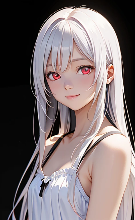 (Photorealistic:1.4)、asuna,(masterpiece、lens flare:1.5、spot light:1.2、Exquisite beautiful eyeonochrome:1.5,portlate、)、Cute Face、 3D Face、(White platinum hair:1.5、Straight Hair)、(1 Girl)、(Red eyes:1.2)、(upper body)、(Sundress)、 (Cute face:1.2),(forced smile),(half closed eyes),kind face,(Small breasts),(black background:1.5)、(glowing eyes:1.3)、()、 Neat and clean、Adorable、Slim Body(Tareme:1.5),Shiny Hair、(Glowing pink Skin)、Nijisketch,Manga,zydG