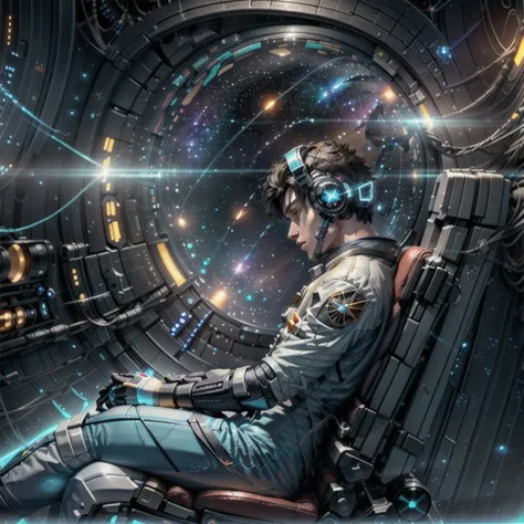 sideback view of male pilot looking half-turned at viewer and holding holographic navigation device in hands, sitting in chair i...