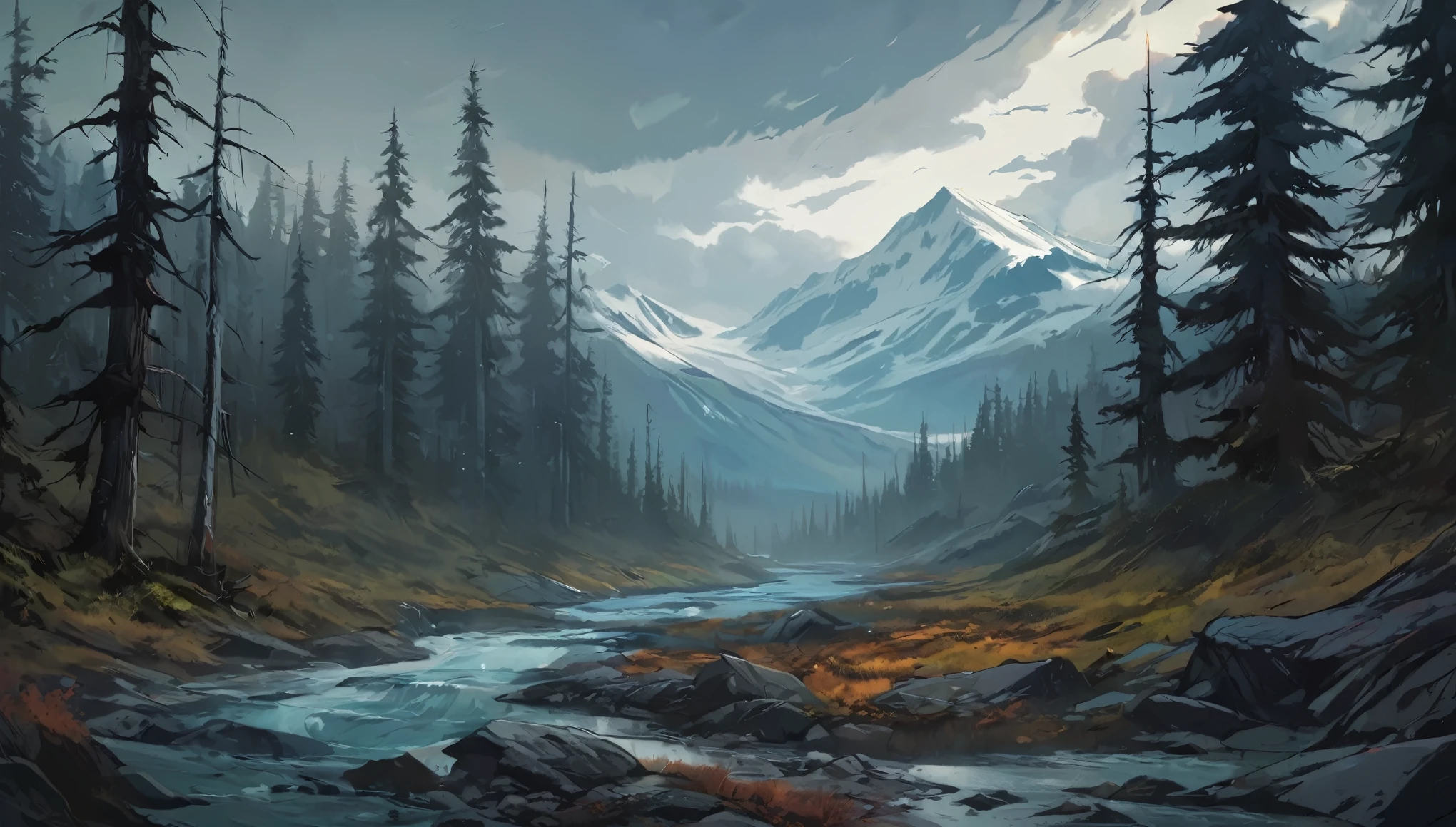 masterpiece, best quality, beautiful illustration, anime style, horror, close up, Alaska's vast wilderness, background,  concept art, Spooky atmosphere, Spooky and terrifying Disturbing, Creeps, landscape painting.