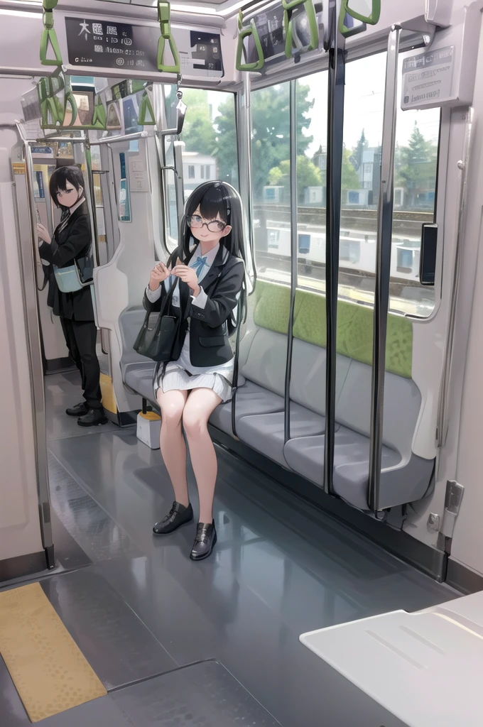 highest quality, Super detailed, figure,
Multiple Girls, , Black Hair, Glasses, school bag, smile, Laughter, View Viewer, 
E235, Inside the train, scenery, Sheet, window, screen, Realistic, photograph background, photograph (Moderate), photographRealistic,  break, Shiny and smooth hair, ((Image Processing Algorithms：1.2)), Very detailed目, highest quality, Ultra HD, High resolution, Beautiful and vivid illustrations, break, High Contrast, Tonal correction, Ultra-realistic oily and shiny skin, Super quality, High resolution CG Unity 8K 壁紙, RAWphotograph, Accurate Fingers, (((Perfect Anatomy))),(masterpiece:1.2) , (highest quality:1.2) , (Very detailed:1.2)
 