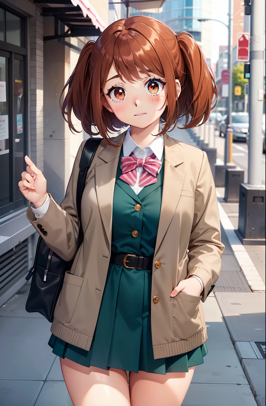 Ochaco is a  girl with a curvaceous figure., Fair skin, Reddish brown hair and matching eye color,. Her cheeks have a perpetual pink blush, And her eyes are big and round、spread　legs、show　white　panties,Thick upper eyelashes, Two more lines on each side that stそして out.、and fewer, but more distinct, lower lashes.. Her hair is shoulder-length、at school, She is a normal U.Become familiar.  Uniform. Put on a grey dress jacket, Two teal stripes, Two creased pockets, 