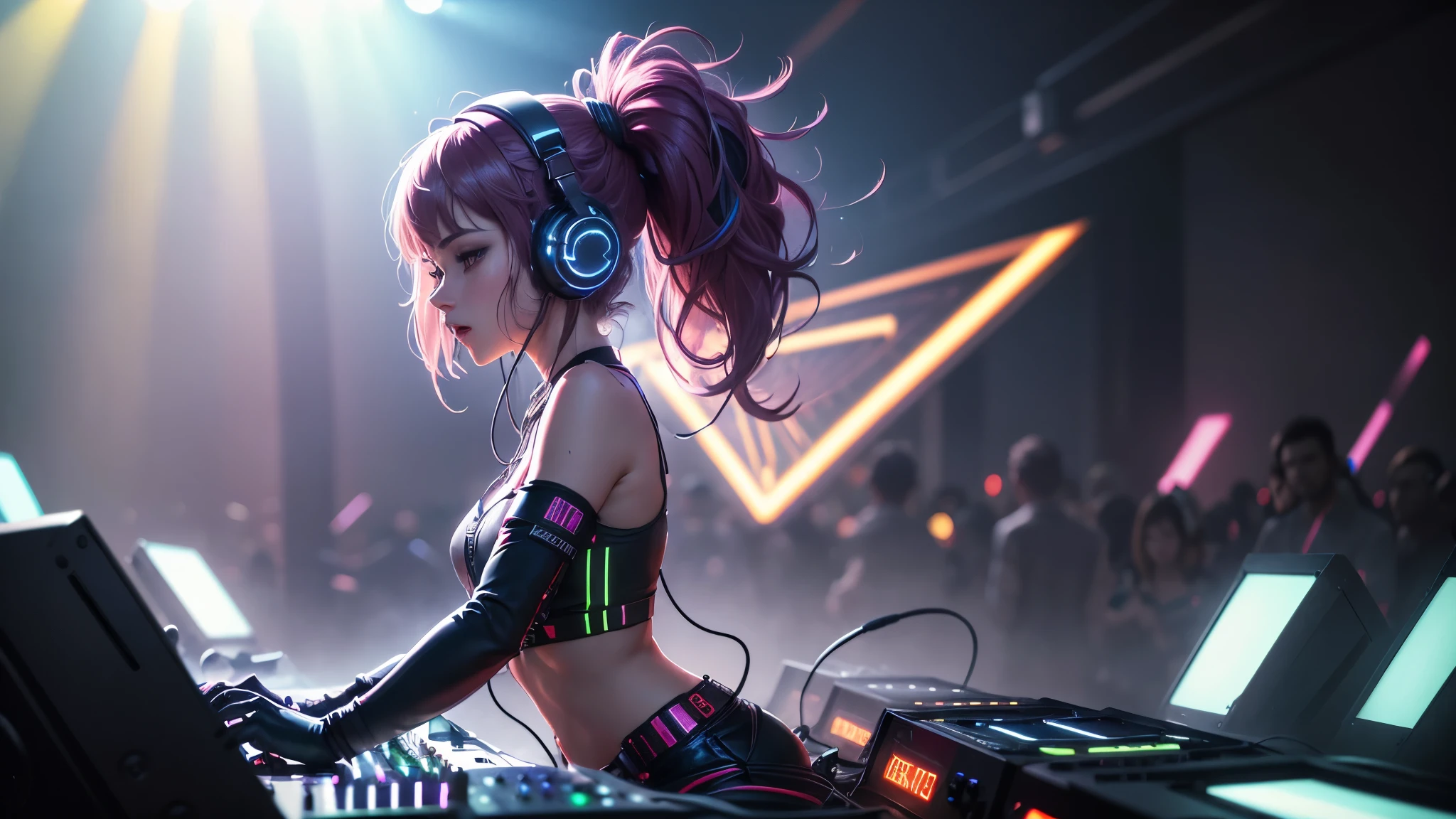 sex girl (masterpiece:1.3),(best quality:1.2),8k,absurdres,unity 8k wallpapper,(extremely detailed:1.3),highestres,realistic, blurry background, blurry foreground, (1girl:1.2),(headphones:1.1),(neon light:1.1),mechanical headwear,(mechanical wings:1.1),frown,(dynamic pose:1.1),(floating hair:1.2),(DJ:1.2),(psychedelic:1.2),dynamic pose,(electric wire:1.1),(light beam:1.2),half closed eyes,midriff,dim,(music:1.2),cable,god rays,(indoors:1.2),from side,(instrument:0.7),frenzied,passionate,energetic,intense,electrifying,exhilarating,dynamic,thrilling,explosive,rousing,(crowd:1.2),light rays,,neonlight,electric fan, (electricity:1.2), (electronic music:1.1),(sound mixing:1.3),