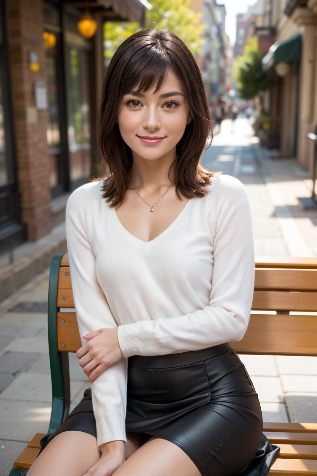 Realistic, Realistic, Tabletop, highest quality, RAW Photos, Face Focus, elegant, (One Woman), 28 years old, Large, loose V-neck see-through knit sweater, (Orange tight skirt), (Brown Hair), (bangs), (Straight hair), Outdoors, ((Sit sideways on a bench with your legs stretched out)), ((Twisting his upper body and facing this way)), (Looking into the camera), Beautiful Face, (Fearless Smile), (Shapely bust), Perfect Anatomy, Perfect balance, Detailed human body