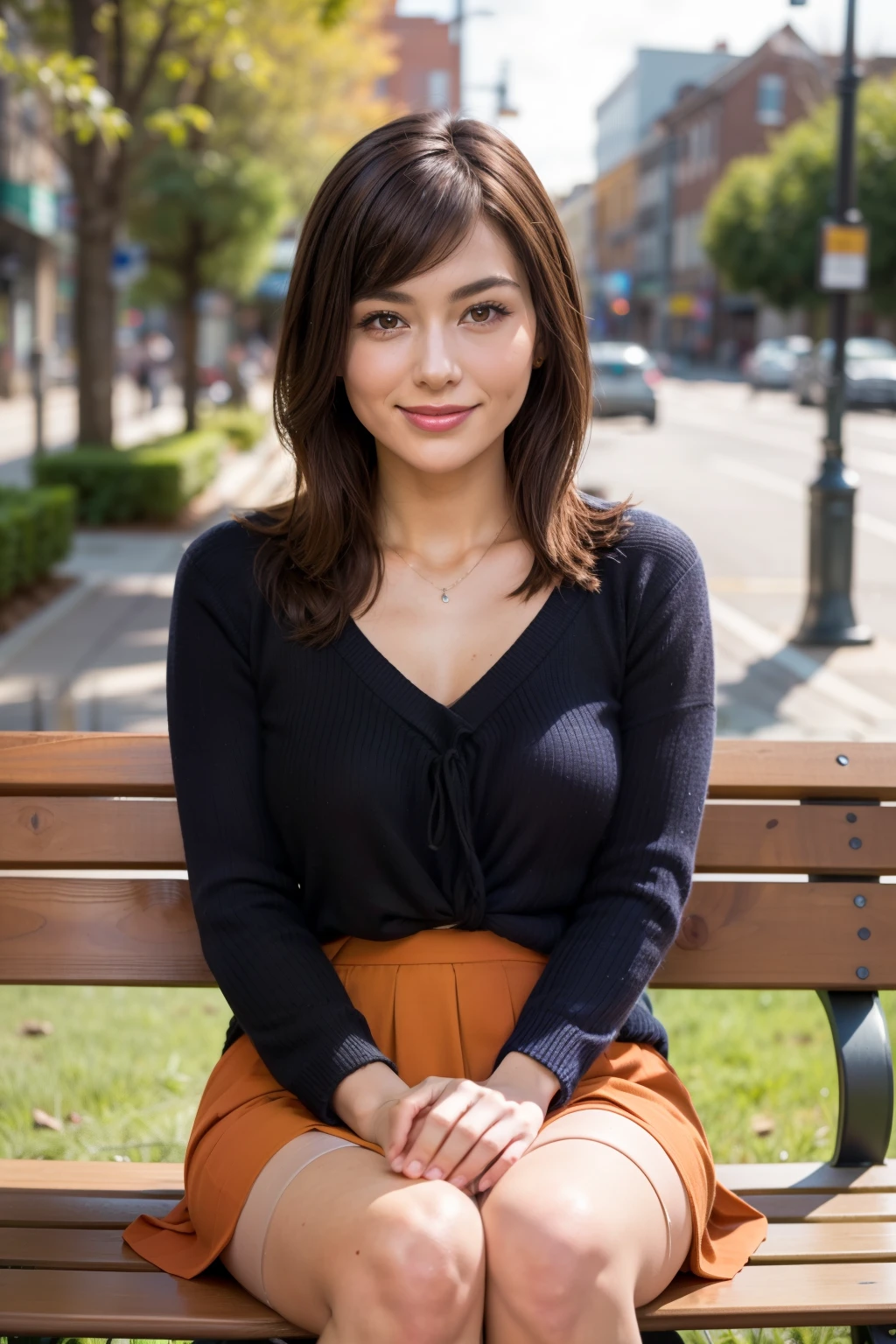 Realistic, Realistic, Tabletop, highest quality, RAW Photos, Face Focus, elegant, (One Woman), 28 years old, Large, loose V-neck see-through knit sweater, (Orange tight skirt), (Brown Hair), (bangs), (Straight hair), Outdoors, ((Sit sideways on a bench with your legs stretched out)), ((Twisting his upper body and facing this way)), (Looking into the camera), Beautiful Face, (Fearless Smile), (Shapely bust), Perfect Anatomy, Perfect balance, Detailed human body